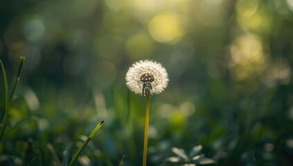 White dandelion in a forest during summer, close-up highlighting seed head with shallow depth of field, natural environment
