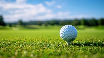 Fototapeta premium golf ball on the tee, blurred golf course background, clear blue sky, sunlight casting shadows over the green grass