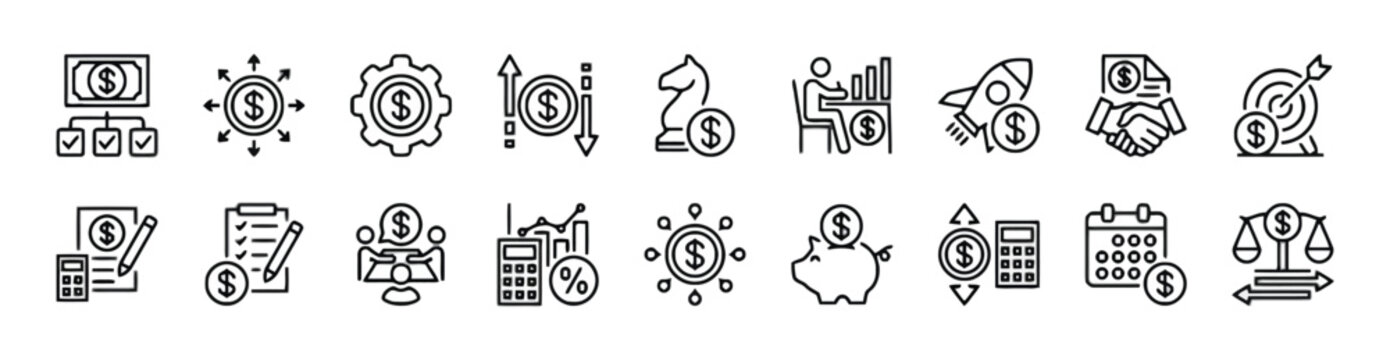 Financial strategy icons set on transparent background for use in marketing projects exactly two hundred characters including spaces and no special characters