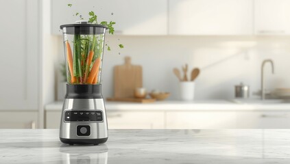Electronic blender with mixed vegetables like cucumber, carrot, and celery for healthy smoothie making, focusing on food processing safety