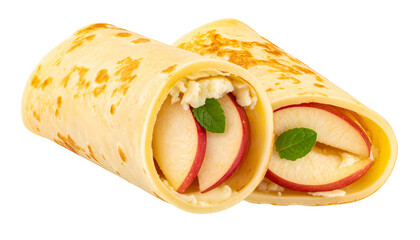 Two rolled crepes, filled with sliced red apples, cream cheese, and mint garnish