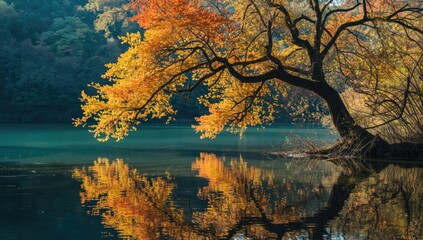 Blue and green autumn landscape with forest and reflective water, highlighting seasonal transition