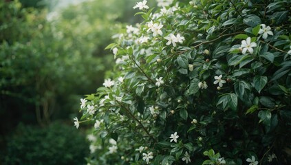 White jasmine flowers on green shrub, used as a natural UI backdrop, Earth Day
