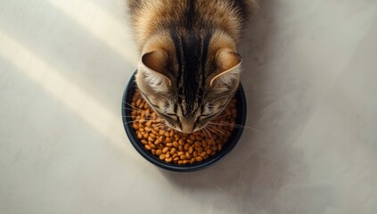 Top-down shot of a tabby cat eating kibble from a black dish, focusing on pet feeding practices