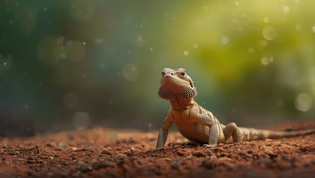 Bearded dragon resting on earth amidst colorful surroundings, highlighting animal behavior, Australia