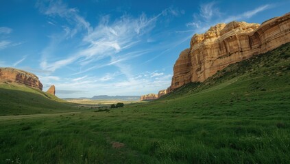 Green mountain with towering sandstone formations and open grassland, focusing on preservation, Earth Day
