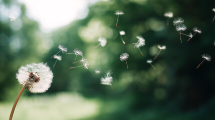 trusteeship. Dandelion seeds drifting in gentle breeze against soft green background. gardening catalogs, home-decor guides, designed for home decor and floral branding, promotes healthy living.