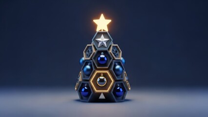 Geometric, futuristic Christmas tree with blue ornaments, illuminated star, on a blue gradient