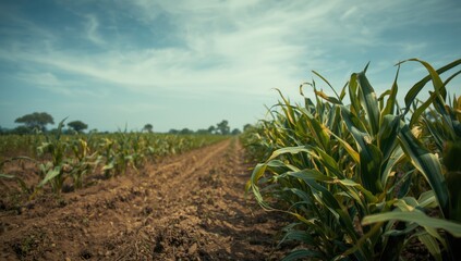 Young corn crops exposed to environmental stressors in the field, illustrating agricultural resilience challenges