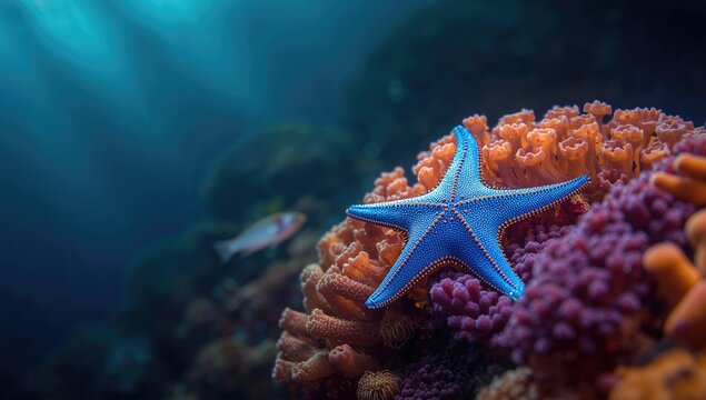 Underwater scene of a blue starfish amid coral, highlighting reef ecosystem health