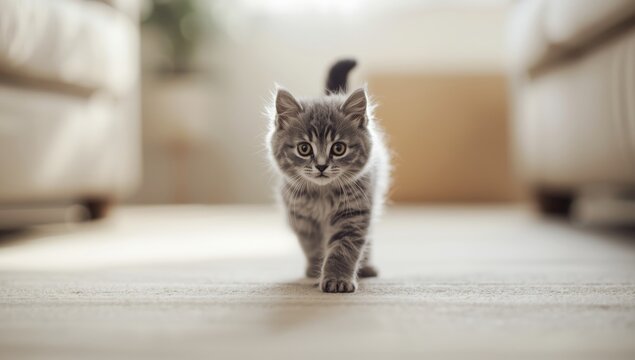 A feline taking a tentative step, focusing on delicate navigation and agility, National Pet Safety Week