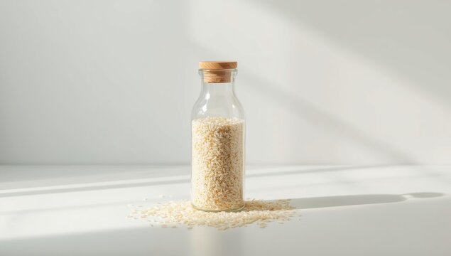 Glass jar filled with rice flakes and a wooden lid on a white kitchen surface, emphasizing storage safety practices