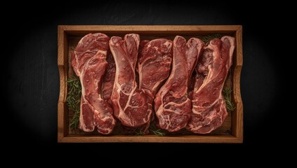 Uncooked lamb steak slices arranged on a wooden platter against a dark background, highlighting meat preparation practices