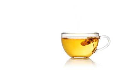 Herbal tea served in a transparent glass cup against a white backdrop, ideal for editorial use or product display