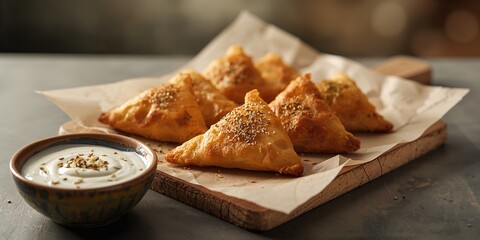 Cheese-stuffed triangle filo pastries baked on wooden board with yoghurt sauce, emphasizing snack presentation, World Food Day