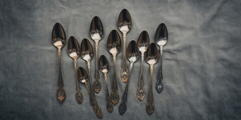 Metal teaspoon filled with tea resting on grey cloth, ideal for editorial header backgrounds or layout use, International Tea Day