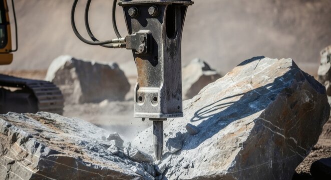 Hydraulic hammer breaking rocks on a construction site with heavy machinery in action