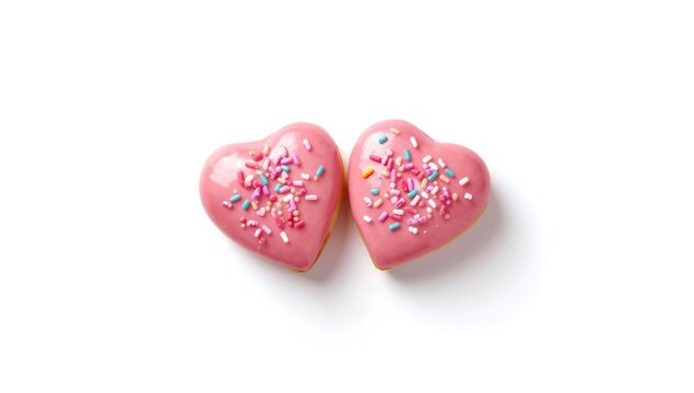 Pair of pink glazed donut hearts on a plain white background, highlighting confectionery display, no holiday association