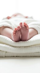Close-up of newborn baby feet with tiny toes resting on a stack of soft white muslin blankets. Pure and innocent infant detail shot with high-key bright lighting.
