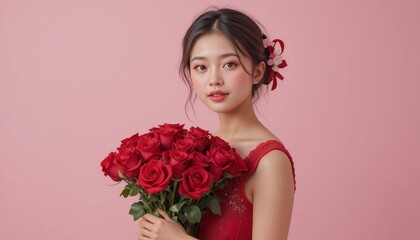 Beautiful young asian woman in red dress holding bouquet of red roses