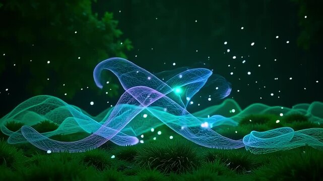 Neon fibers explode fiber thread mesh, spiraling into vibrant shapes on a green background, with glowing orbs floating in a mystical, dreamy setting at midnight.