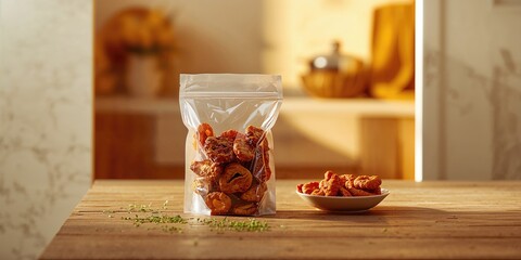 Pork jerky in a sealed plastic bag, emphasizing shelf stability and packaging