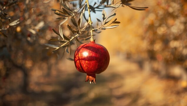 Close-up of a ripe red pomegranate attached to its stem, highlighting fruit ripeness for nutritious diets, Earth Day