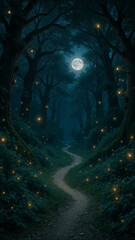 Obraz premium A forest path winds through tall trees lit by a full moon. Glow from fireflies fills the air as shadows dance among the greenery. Nighttime creates a magical scene in the woods