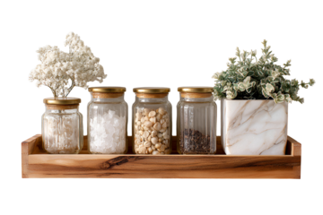 Decorative kitchen jars with dry goods and plants on wooden tray isolated on transparent background