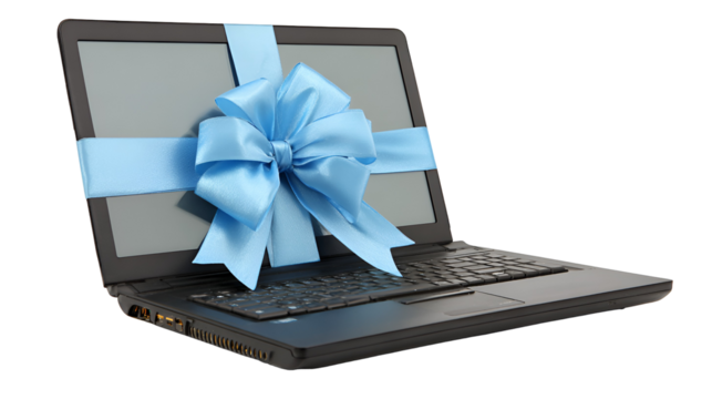 Laptop computer with a blue ribbon and bow isolated on transparent background - Powered by Adobe