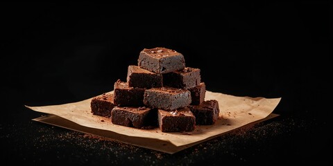 Baked chocolate brownie squares arranged on parchment paper, suitable for editorial header backgrounds