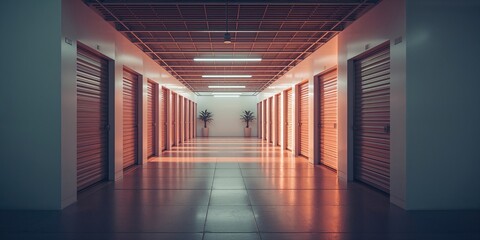 Self storage unit interior featuring metal roll-up doors, focusing on security and accessibility