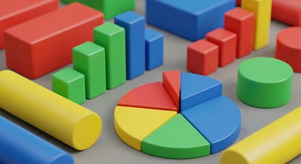 Colorful building blocks arranged in various shapes like bars and pie charts, representing data and growth