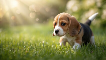 Purebred beagle puppy experiencing new sights and textures for the first time, highlighting curiosity