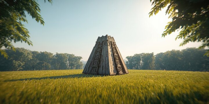 Field scene featuring a pyramid-shaped wooden pillar highlighting natural materials and adventure setting