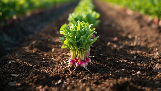 Rows of radish sprouts in a garden, highlighting sustainable food production, World Food Day