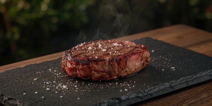 Rib eye steak cooked on a slate serving platter, highlighting presentation and culinary standards