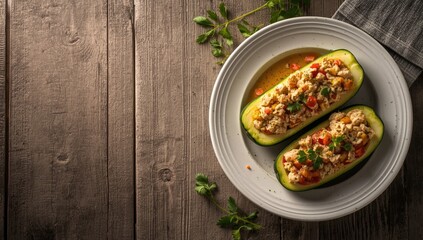 Zucchini boats packed with meat, vegetables, and cheese, focusing on fiber-rich vegetable intake, World Plant-Based Diet Day