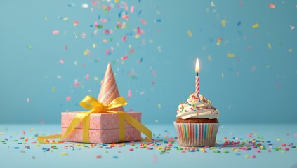 Celebratory scene with birthday cupcake, gift, party hat, and confetti, ideal for party decoration