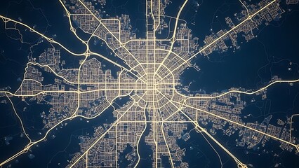 Abstract visualization of a sprawling metropolitan road network illuminated at night, highlighting intricate urban planning and interconnected pathways