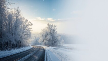 Obraz premium Snowfall over a winter road lined with frost-coated trees, highlighting seasonal preservation
