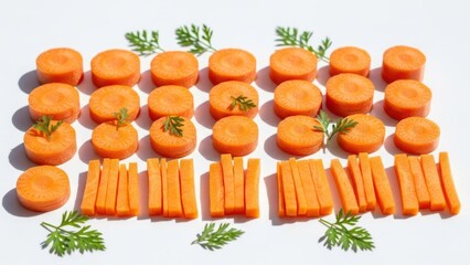 Arranged carrots sliced, diced, sticks, and greens, all on white background
