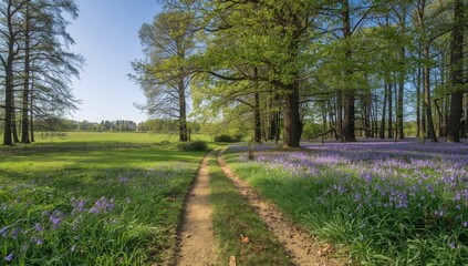 Obraz premium Woodland trail covered with bluebells, emphasizing seasonal change and natural preservation, Earth Day