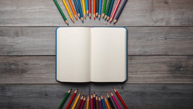 Top view of a notebook and colored pencils on a wooden table, used as a station for art or school activities - Powered by Adobe