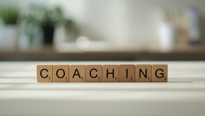 Personal development theme with wooden blocks spelling coaching, highlighting mentorship and progress