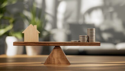 Small home and coins on wooden surface symbolizing expense control and savings in property investment, financial literacy month