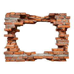 A destroyed red brick wall frame isolated on transparent background with empty space