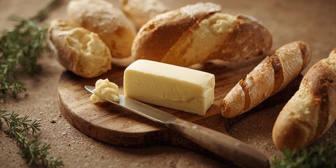Flat lay of butter and sliced bread, highlighting dairy product in bread topping