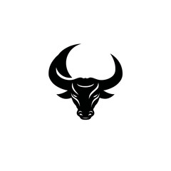 Bold black silhouette of a bull head with curved horns on white background