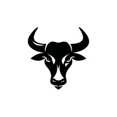 Bold black silhouette of a bull head with curved horns on white background